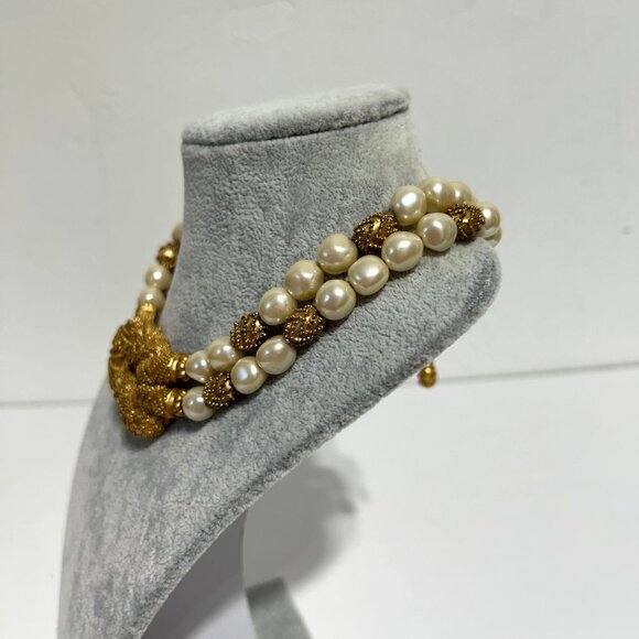 Vintage 1988 FM Double-Strand Faux Pearl Gold Tone Braided Necklace - Picture 5 of 11